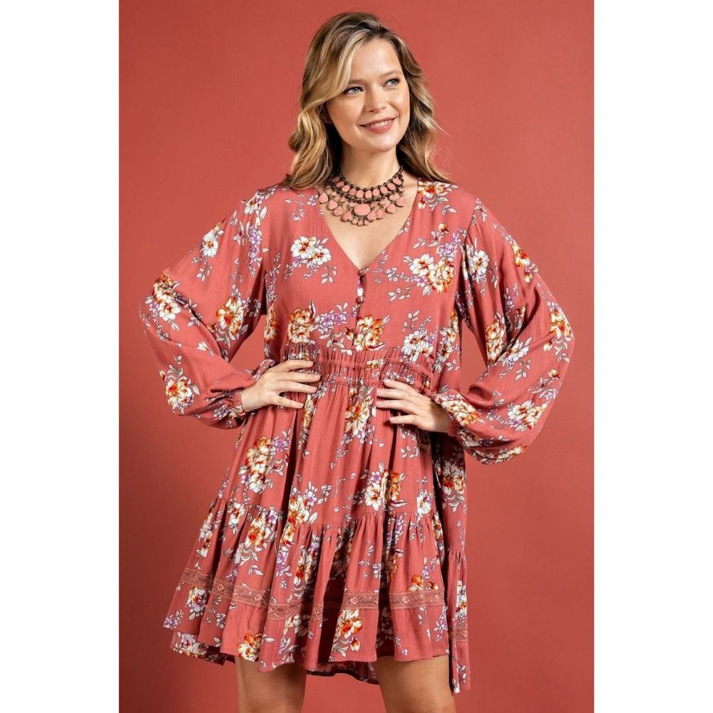 Easel Antique Rose Floral Printed V Neck Ruffled Bottom Rayon Gauze Mini Dress